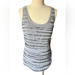 Express Womens Grey Metallic Striped Sequins Sheer Back Scoop Tank Top Medium